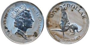 Australia, Elizabeth II, Silver (Dollar) $1, 31.1g, 1oz, 1996, Kangaroo. Proof, in plastic
