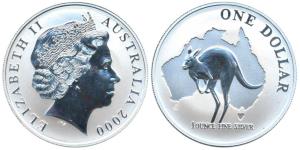 Australia, Queen Elizabeth II, Silver (Dollar) $1, 31.1g, 1oz, 2000, Kangaroo on rev. Unci