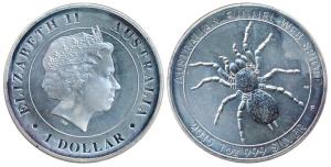 Australia, Elizabeth II, Silver 1 Dollar, 31.1g, Australian Funnel-Web Spider. Uncirculate