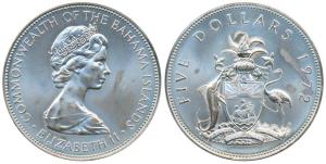 Bahamas, Elizabeth II, Silver 5 Dollars, 43.12g, 1972 (KM 33). Uncirculated.