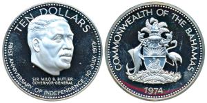 Bahamas, Elizabeth II, Silver 10 Dollars, 50.42g, 1974, 1st Anniversary of Independence (K
