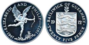 Bailiwick of Guernsey, Elizabeth II and Philip, Silver 25 Pence, 28.28g, 1972, cupid (KM 2