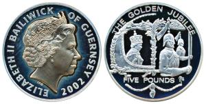 Bailiwick of Guernsey, Elizabeth II, Silver 5 Pounds, 28.28g, 2002, Queen's Golden Jubilee