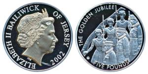 Bailiwick of Jersey, Elizabeth II, Silver 5 Pounds, 28.28g, 2002, 50th Anniversary of Acce