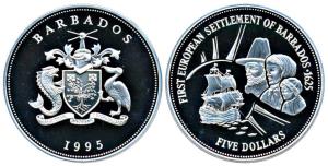 Barbados, Silver 5 Dollars, 28.28g, 1995, obv. National arms, rev. First European settlers