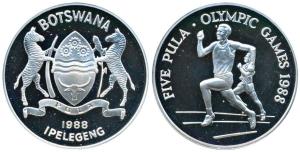 Botswana, Silver 5 Pula, 28.28g, 1988 Summer Olympics (KM 21). Proof.