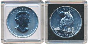 Canada, Elizabeth II, Silver 5 Dollars, 31.1g, Timber Wolf standing with moonlight in back