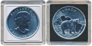 Canada, Elizabeth II, Silver 5 Dollars, 31.1g, Grizzly Bear walking right, 2011. Proof, in