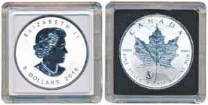 Canada, Elizabeth II, Silver 5 Dollars, 31.1g, maple leaf, 2016. Proof, in plastic case of