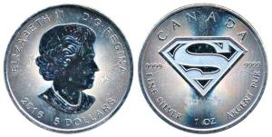 Canada, Elizabeth II, Silver 5 Dollars, Superman S-Shield, 31.1 g, 2016. Uncirculated.