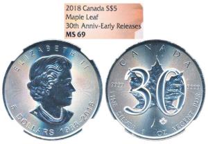 Canada, Elizabeth II, Silver 5 Dollars, 31.1g, 2018, Maple Leaf 30th Anniversary early Rel