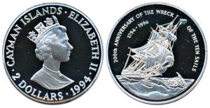 Cayman Islands, Elizabeth II, Silver 2 Dollars, 28.28g, 1994, 200th Anniversary of the Wre