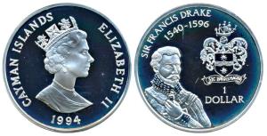 Cayman Islands, Elizabeth II, Silver 1 Dollar, 28.28g, 1994, Sir Francis Drake with coat o
