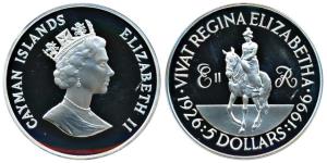 Cayman Islands, Elizabeth II, Silver 5 Dollar, 28.2g, 1996, Queen Elizabeth II on horsebac