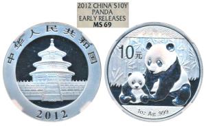 China, Silver 10 Yuan, 31.11g, 2012, Panda, Early Release (KM 1980). Graded by NGC MS69, R
