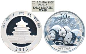 China, Silver 10 Yuan, 31.11g, 2013, Panda, Early Release (KM 1980). Graded by NGC MS69, R