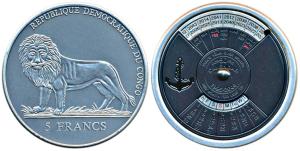 Congo, Copper-Nickel 5 Francs, 49.5g, Calendar for 50 years on the reverse, 1995 to 2044. 