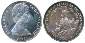 Cook Islands, Proof Silver 2 Dollars, 25.7g, 1973, 20th Anniversary of the Coronation of Q
