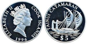 Cook Island, Queen Elizabeth II, Silver 5 Dollars, 31.47 g, rev. Tainui Catamaran. Proof, 