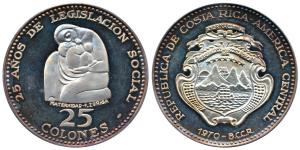 Costa Rica, Silver 25 Colones, 54g, 25 Years of Social Legislation (KM 194). Very large, U