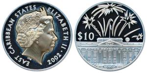 East Caribbean, Elizabeth II, Silver 10 Dollars, 28.28g, 2002, 50th Anniversary of Accessi