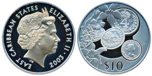 East Caribbean, Elizabeth II, Silver 10 Dollars, 28.28g, 2003, 50th Anniversary of Accessi
