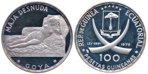 Equatorial Guinea, Silver 100 Pesetas, 20g, 1970, obv. crossed Tusks divide arms above and