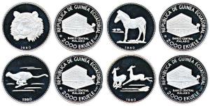 Equatorial Guinea, Silver 2000 Ekuele, each 31g, set of 4, 1980, rev. Burchnell's Zebra, I