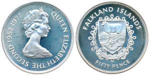 Falkland Island, Elizabeth II, Silver 50 Pence, 28.28g, 1977, (KM 10a). Proof, in plastic 