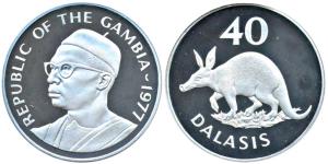Gambia, President Sir Dawda Jawara, Silver 40 Dalasis, 35.29g, 1977, Aardvark (a burrowing