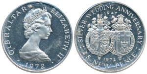 Gibraltar, Elizabeth II, Silver 25 New Pence, 28.28g, 1972, Silver Wedding Anniversary, (K
