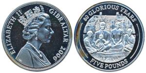 Gibraltar, Elizabeth II, Silver 5 Pounds, 28.28g, 2006, Family 80 Glorious Years. Uncircul