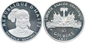 Haiti, Silver 10 Gourdes, 47.05g, Native American Chieftains Series - Osceola Seminole, (K