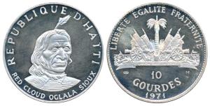 Haiti, Silver 10 Gourdes, 47.05g, Native American Chieftains Series - Red Cloud Oglala Sio