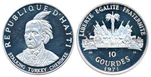 Haiti, Silver 10 Gourdes, 47.05g, Native American Chieftains Series - Stalking Turkey Cher