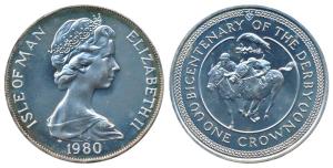 Isle of Man, Elizabeth II, Silver Crown, 28.28g, 1980, Bicentenary of The Derby (KM 63a). 