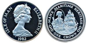 Isle of Man, Elizabeth II, Silver Crown, 28.28g, 1982, The ship HMS Victory during the bat