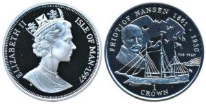 Isle of Man, Elizabeth II, Silver Crown, 28.28g, 1997, Portrait of Fridtjof Nansen, map an