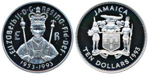 Jamaica, Silver Ten dollars, 22.45g, 1993, Crowned bust facing holding scepters (KM155). P