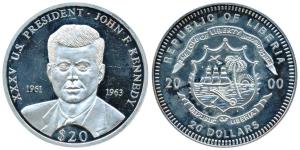 Liberia, 20 Dollars, 20.0g, Silver John F. Kennedy. Proof.