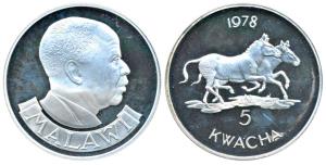 Malawi, Silver 5 Kwacha, 28.28g, 1978, Zebras (KM 15). Proof.