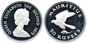 Mauritius, Queen Elizabeth II, Silver 50 Rupees, 35.0g, 1975, Mauritius Kestrel in flight 
