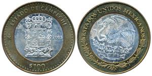 Mexico, Bi-Metallic Silver 100 Peso, 33.6g, 180th Anniversary of Federation - Campeche (1s
