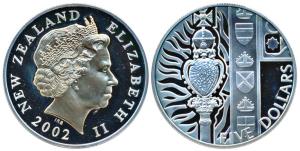 New Zealand, Elizabeth II, Silver 5 Dollars, 28.28g, 2002, 50th Anniversary of Accession o