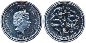 Niue, Queen Elizabeth II, Silver 2 Dollars, 31.1g, 1oz, 2018, rev. two dragons with an orb