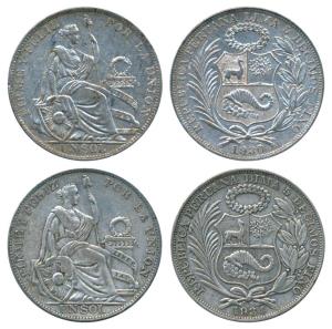 Peru, Silver 1 Sol, 25g, .5 Fine, 1930 & 1934 (KM 218). Very Fine+ and About Extremely Fin