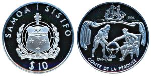 Samoa, Silver 10 Dollars, 31.47g, King Louis XVI of France and Jean de Galaup; behind them