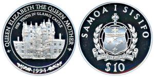 Samoa, Silver 10 Tala, 31.47g, 1994, The Life of the Queen Mother Series (KM 104). Proof.