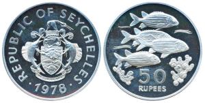 Republic of Seychelles, Silver 50 Rupees, 28.28g, 1978, Squirrel fish, (KM 39). Proof, in 