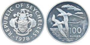 Republic of Seychelles, Silver 100 Rupees, 31.65g, 1978, Two white-tailed Tropic birds fly